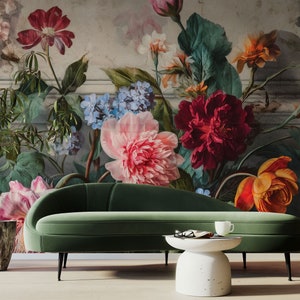 Baroque Colorful Floral Wallpaper, Vintage Floral Wall Mural • Peel and Stick *self adhesive* or Non-Pasted Vinyl Materials •