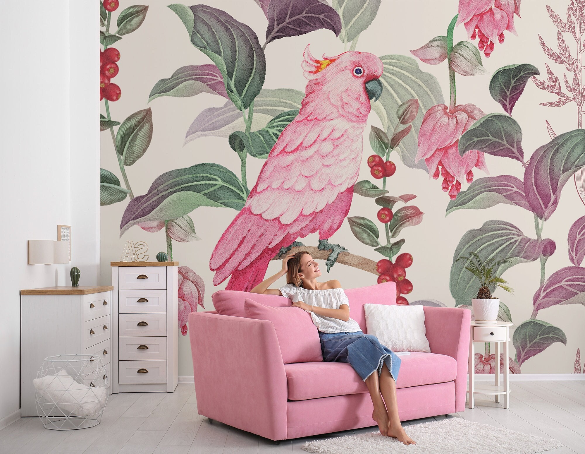 Pink Parrot Wallpaper Tropical Bird and Flowers Mural Self | Etsy