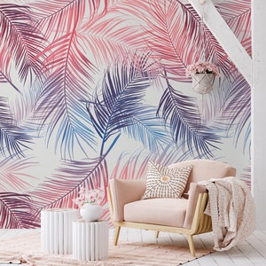 Rosa und blaue Sommer-Palmblatt-Tapete, tropische Blätter-Wandbild | Selbstklebend | Abziehen und aufkleben | Abnehmbar
