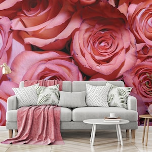 Red & Pink Vivid Romantic Roses Wallpaper, Floral Wall Mural • Peel and Stick *self adhesive* or Non-Pasted Vinyl Materials •