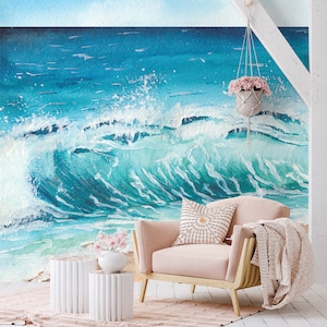 Blue sea wave and beach painting wallpaper | Self Adhesive | Peel & Stick | Removable