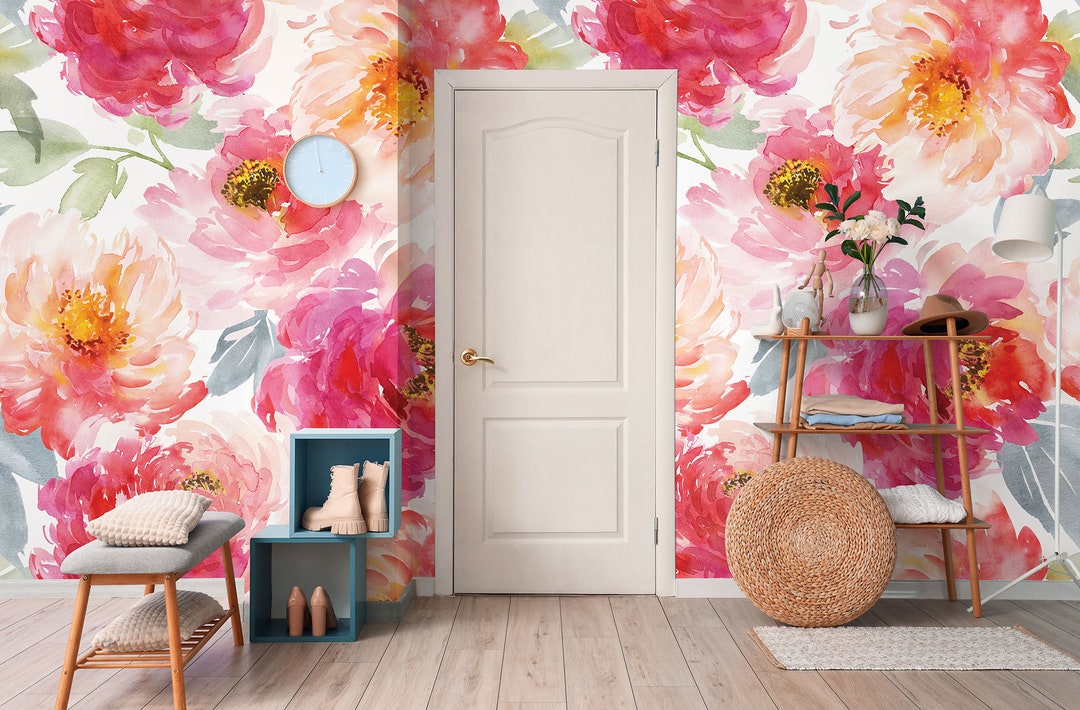 Watercolor Peonies Wallpaper, Peony Wall Mural, Painted Flowers Print ...