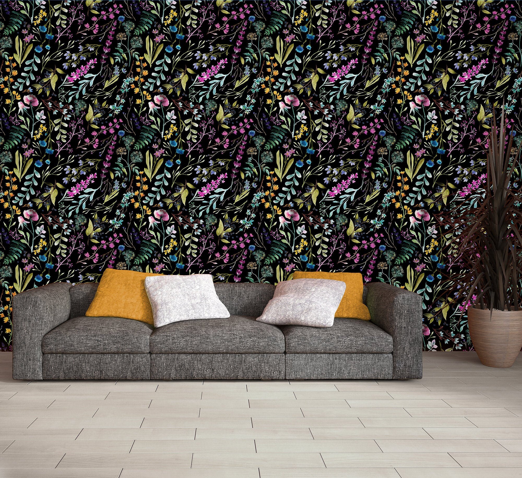 Black Wallpaper With Small Colorful Leaves and Flowers Self - Etsy