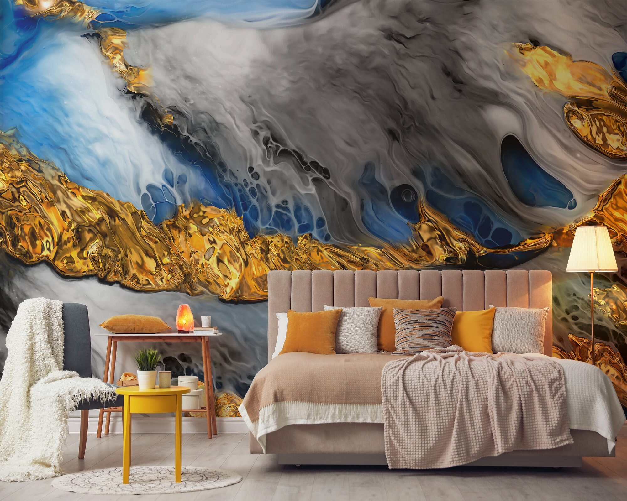 Yellow Blue and Grey Abstract Wallpaper no Metallic Effects Etsy