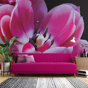 Grande carta da parati con fiori di tulipano rosa fucsia | Autoadesivo | Stacca e attacca | Carta da parati rimovibile