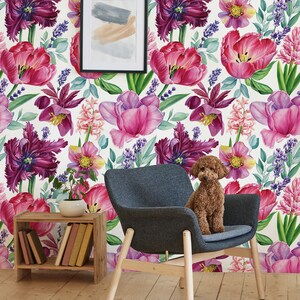 Papier peint aquarelle rose fleurs de tulipes, peinture murale florale vintage • Peler et coller *auto-adhésif* ou matériaux en vinyle non collés •