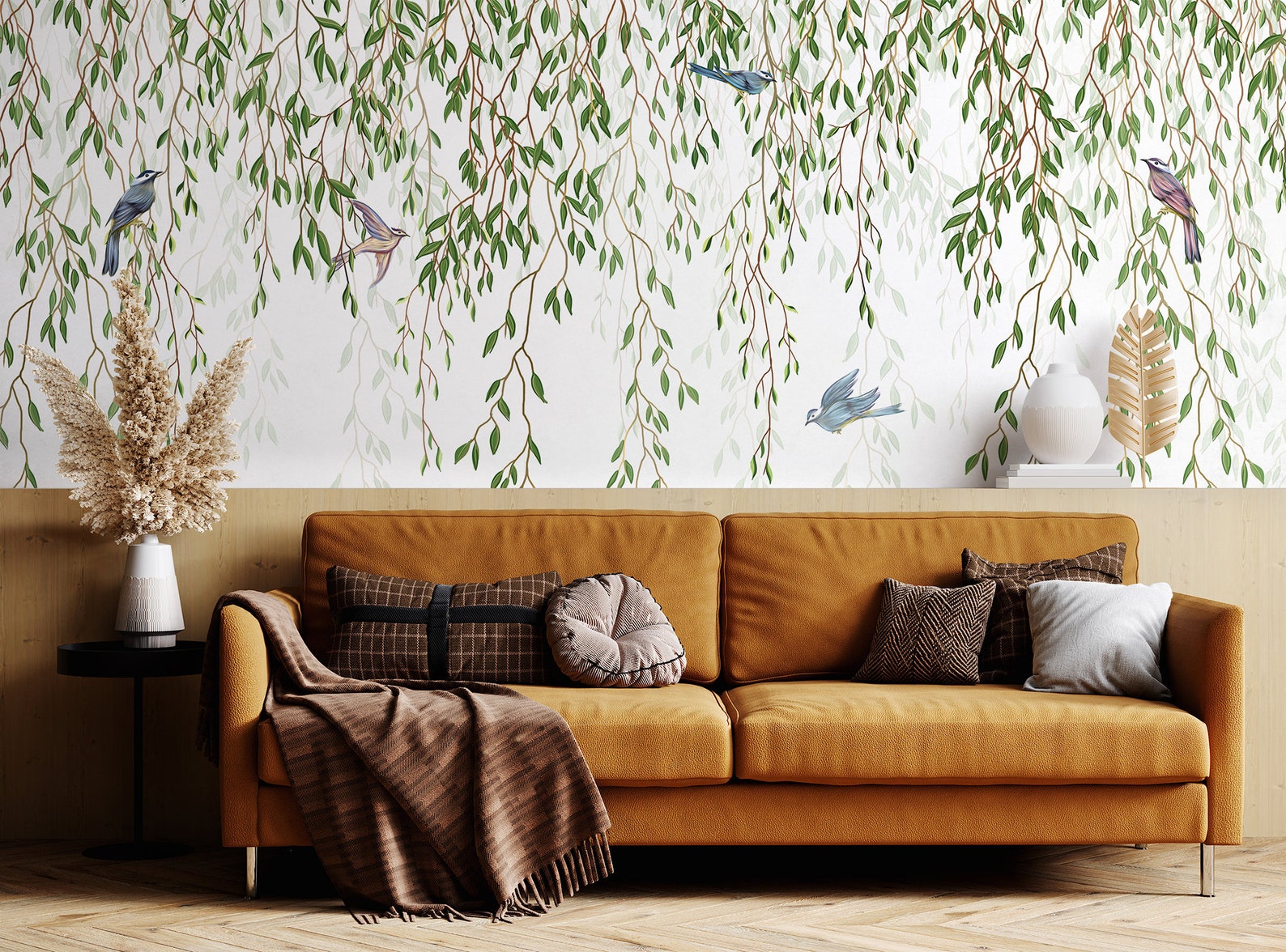 Wallpaper With Birds and Willow Branches Hanging Self - Etsy