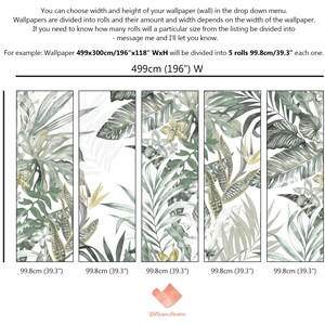 May include: Five wallpaper panels with a tropical leaf pattern in shades of green, white, and gold. The panels are 99.8 cm (39.3 inches) wide and 300 cm (118 inches) high. The text "499cm (196") W" is at the top of the image.
