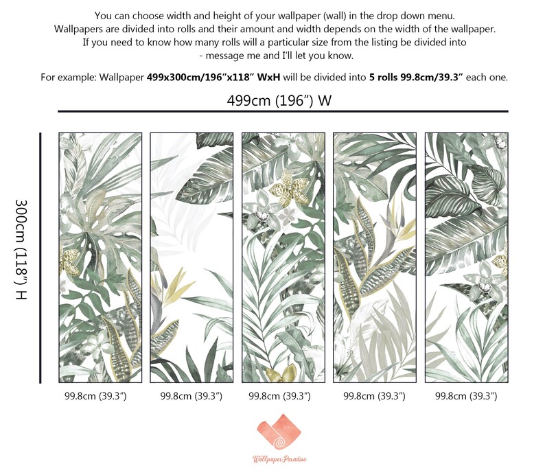 May include: Five wallpaper panels with a tropical leaf pattern in shades of green, white, and gold. The panels are 99.8 cm (39.3 inches) wide and 300 cm (118 inches) high. The text "499cm (196") W" is at the top of the image.