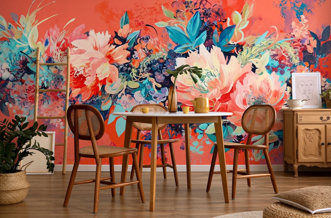 Red & Blue Abstract Floral Wall Mural, Vivid Flowers Wallpaper • Peel ...
