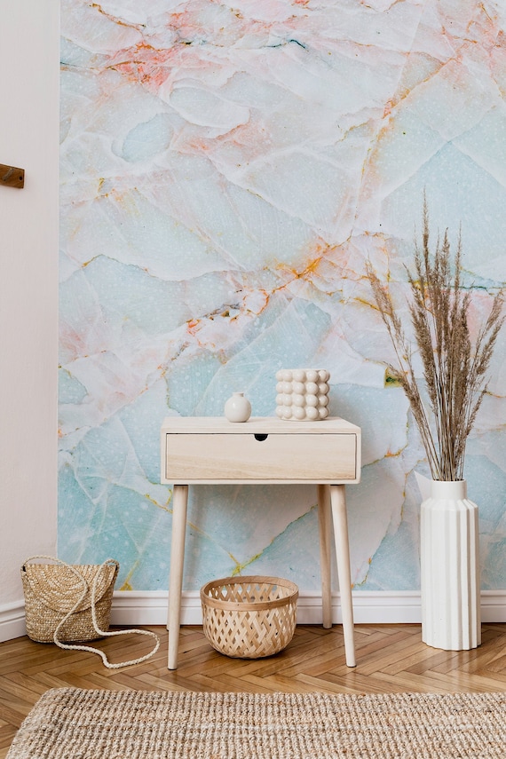 Light Blue Marble Stone Mural, Polished Crystal, Blue Glacier Surface Wallpaper | Self Adhesive | Peel & Stick | Removable