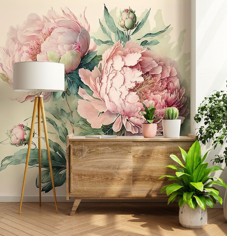 Pink Peony Flowers Wallpaper, Big Pink Floral Wall Mural • Peel and ...