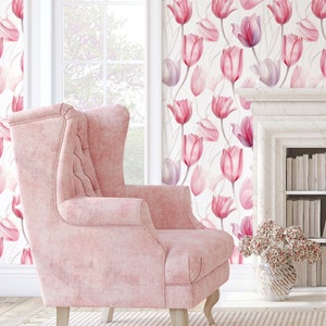 Carta da parati con motivo tulipano rosa, stampa floreale discreta, murale floreale bianco • Stacca e incolla *autoadesivo* o materiali vinilici non incollati •