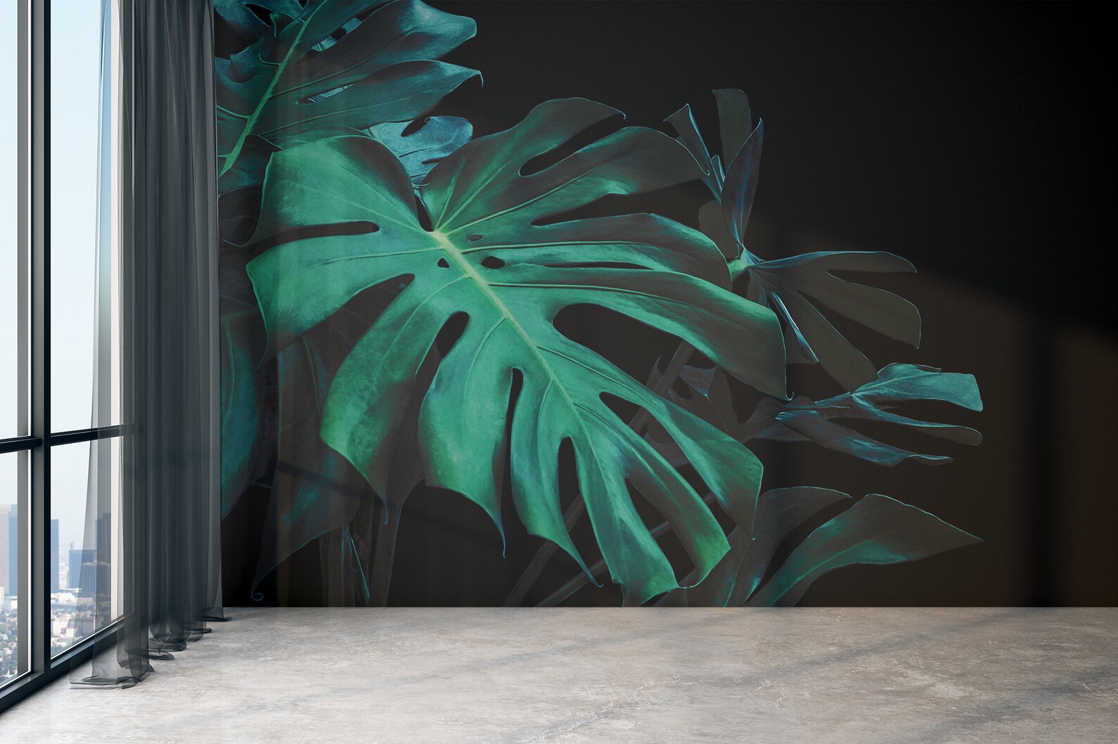 Dark Wallpaper With Big Green Monstera Leaf Self Adhesive - Etsy