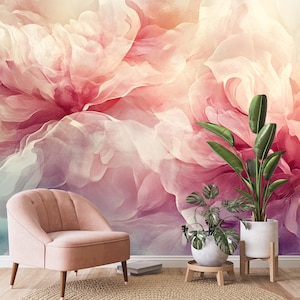 Abstract Floral wallpaper, Petals in Pink and White Wall Mural • Peel and Stick *self adhesive* or Non-Pasted Vinyl Materials •