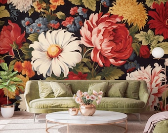Mural de pared floral retro oscuro y colorido, papel tapiz floral clásico • Despegue y pegue *autoadhesivo* o materiales de vinilo no pegados •