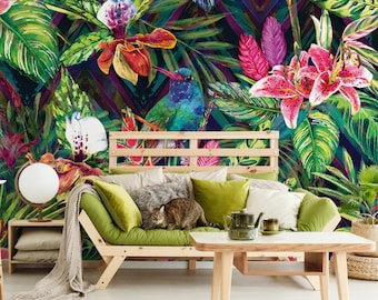 Colorful exotic paradise wallpaper, tropical jungle with birds and flowers | Self Adhesive | Peel & Stick | Removable