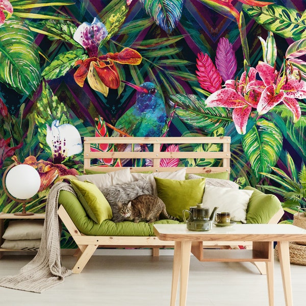 Colorful exotic paradise wallpaper, tropical jungle with birds and flowers | Self Adhesive | Peel & Stick | Removable