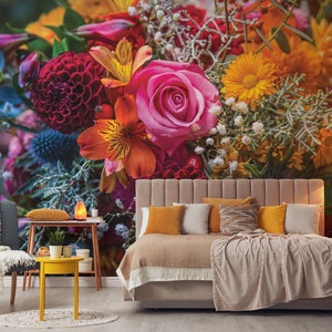Carta da parati colorata con bouquet floreale, murale con fiori grandi | Autoadesivo | Stacca e attacca | Rimovibile