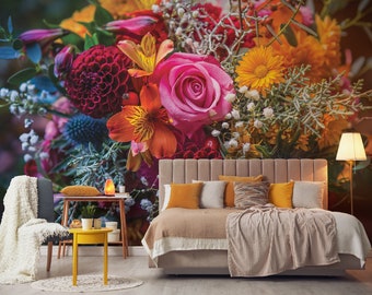 Colorful floral bouquet wallpaper, big flowers wall mural | Self Adhesive | Peel & Stick | Removable