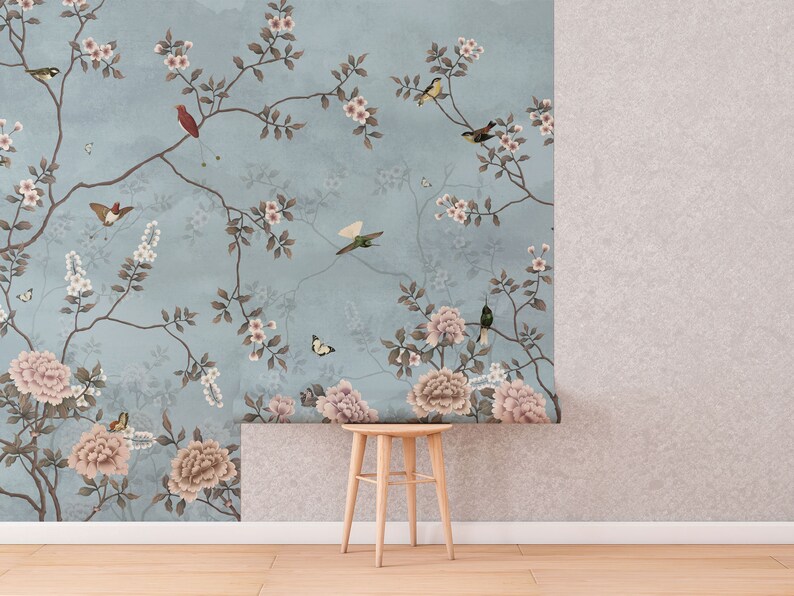 Blue Chinoiserie Wallpaper, Bird and Blooming Branch Wall Mural • Peel ...