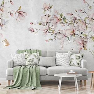 Magnolienblüten helle Betontapete, florales Wandgemälde • Abziehen und Aufkleben *selbstklebend* oder nicht geklebte Vinylmaterialien •