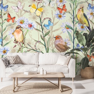 Watercolor wallpaper with meadow flowers, birds, ladybug and butterfly | Self Adhesive | Peel & Stick | Removable Wallpaper