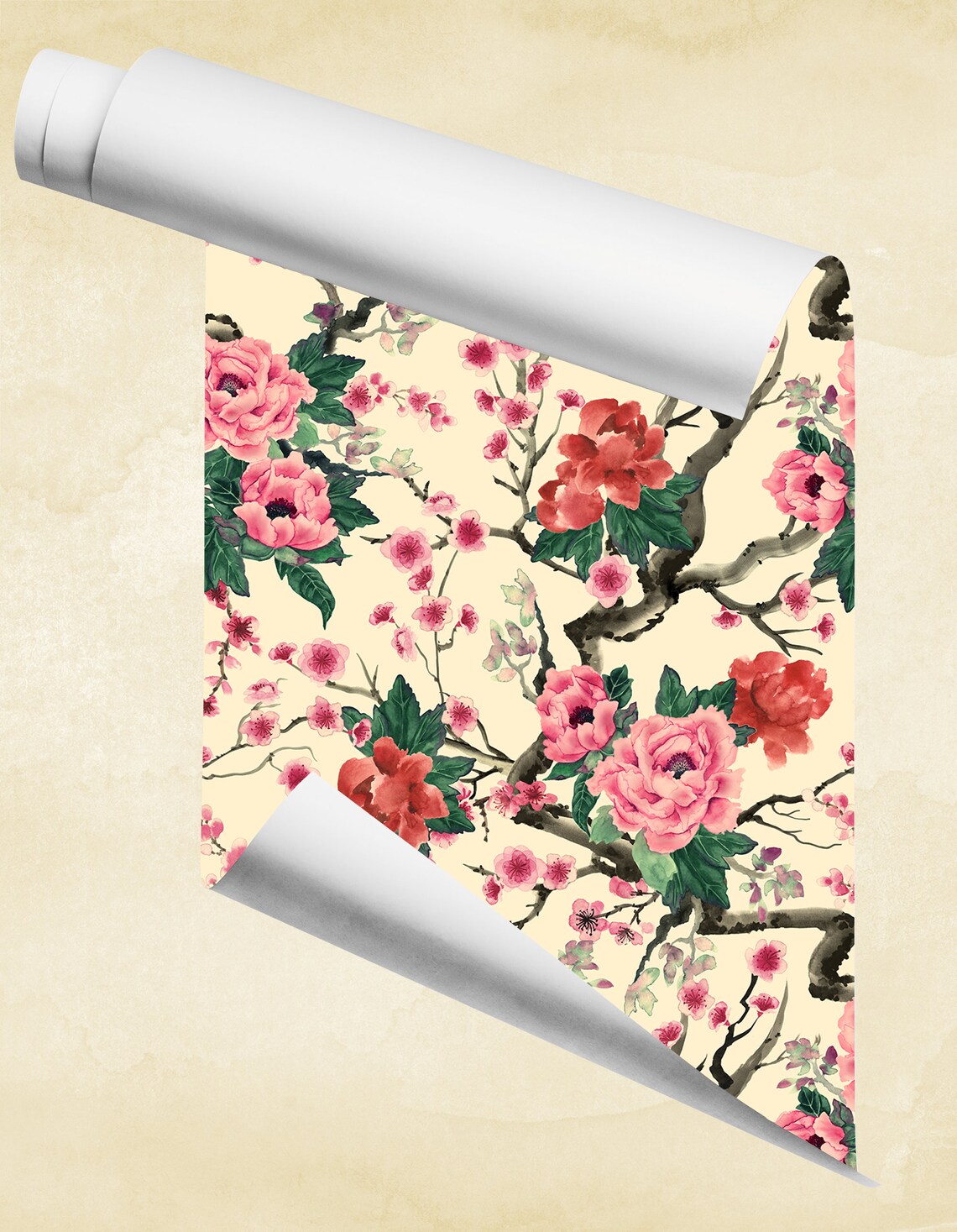 Yellow Chinese wallpaper with blooming branches Self Etsy