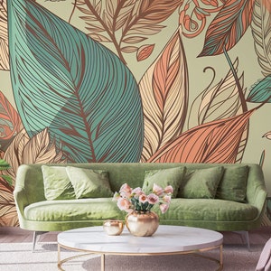 Abstract Green and Orange Leaves Wallpaper • Peel and Stick *self adhesive* or Non-Pasted Vinyl Materials •