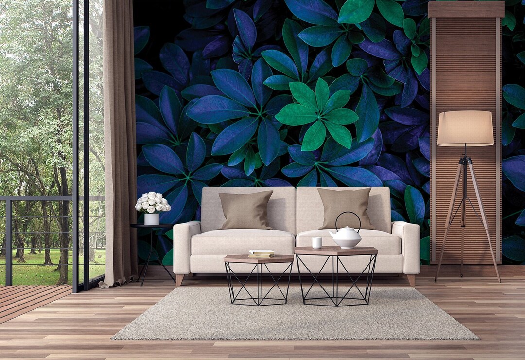 Tropical Blue and Green Plants Wallpaper, Exotic Leaves Botanical Wall ...