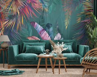 Blaugrüne und regenbogenfarbene Tapete mit tropischen Blättern, Boho-Wandbild • Abziehen und Aufkleben *selbstklebend* oder nicht geklebte Vinylmaterialien •