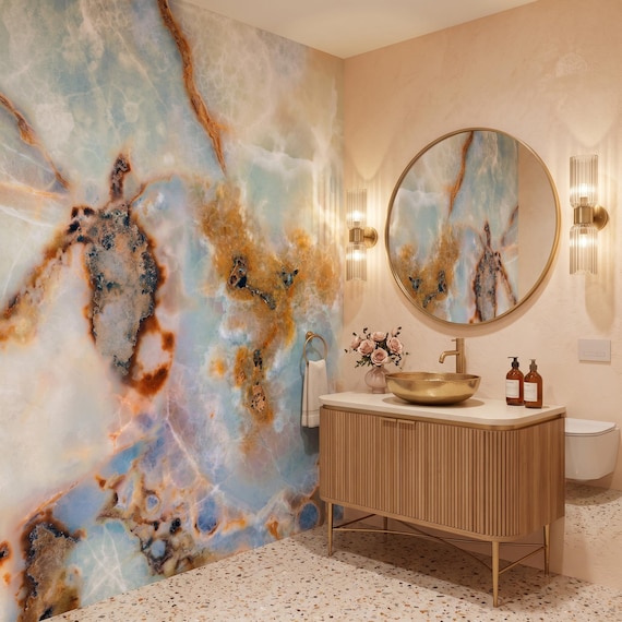 Blue and Copper Marble Stone Mural, Polished Crystal, Rustic Surface Wallpaper, peel and stick *self adhesive* or traditional vinyl paper