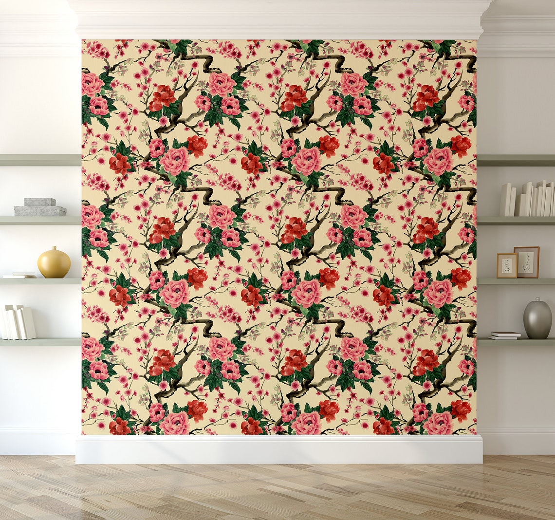 Yellow Chinese wallpaper with blooming branches Self Etsy