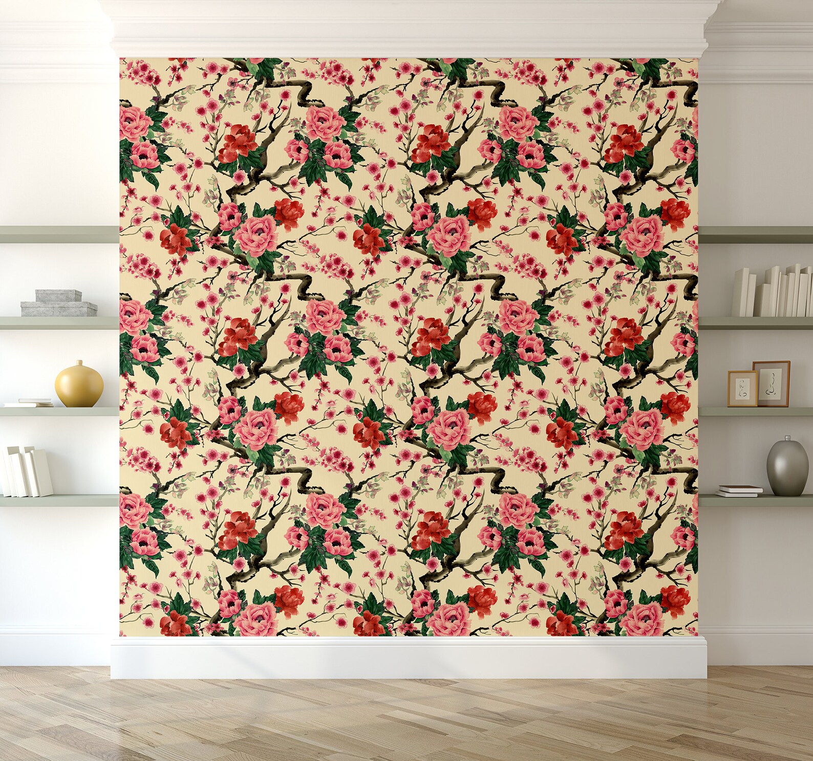 Yellow Chinese wallpaper with blooming branches Self Etsy