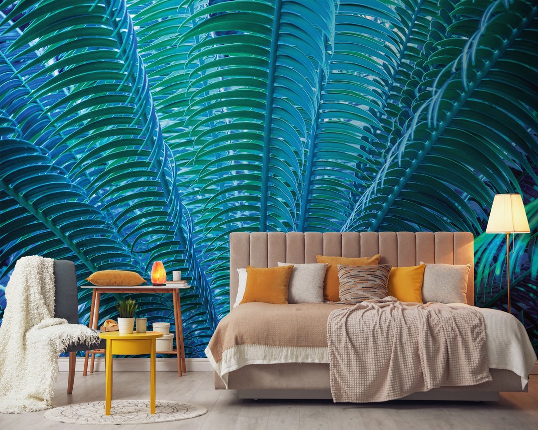 Blue and Green Big Leaves Wallpaper, Tropical Leaf, Botanical Mural ...