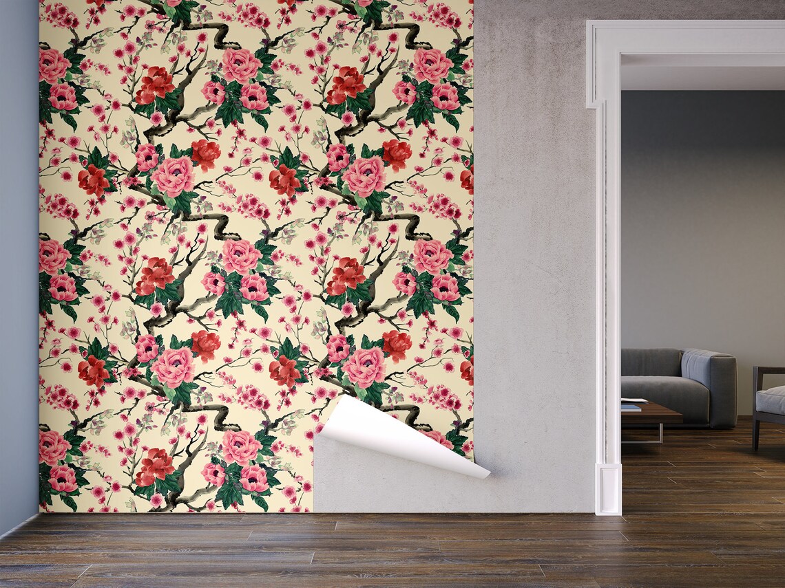 Yellow Chinese wallpaper with blooming branches Self Etsy