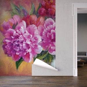 Pink Peony Flowers Wall Mural, Painted Peonies Wallpaper, Vase Flowers ...