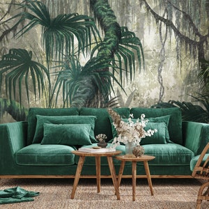 Tropical Forest Wallpaper, Jungle Art Wall Mural • Peel and Stick *self adhesive* or Non-Pasted Vinyl Materials •
