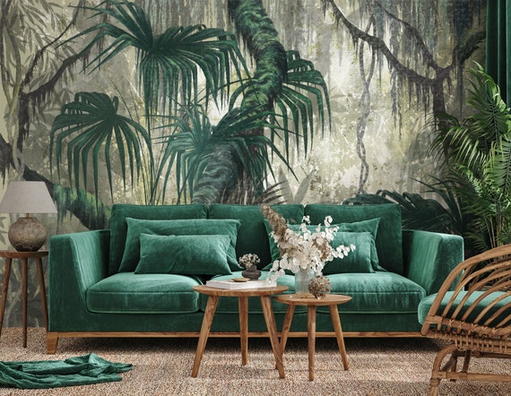 Tropical Forest Wallpaper, Jungle Art Wall Mural • Peel and Stick *self adhesive* or Non-Pasted Vinyl Materials •