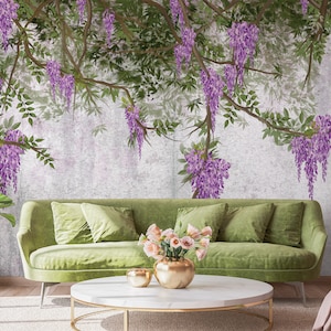 Carta da parati in cemento con fiori di glicine viola e rami frondosi pendenti • Materiali staccabili e incollabili *autoadesivi* o vinilici non incollati •