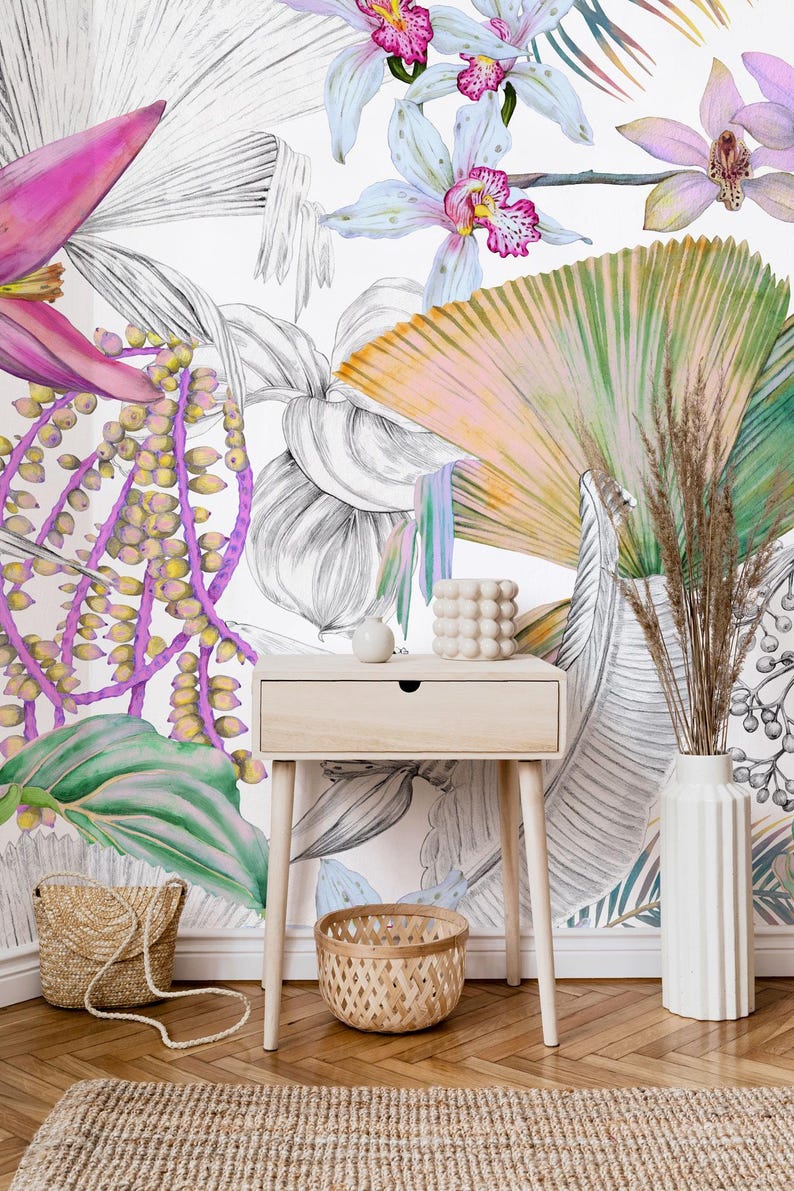 Buy White Vintage Botanical Wallpaper, Tropical Leaves Wall Mural Peel