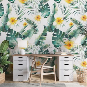 Tropical watercolor wallpaper with plumeria flower, monstera, palm and banana leaf | Self Adhesive | Peel & Stick | Removable