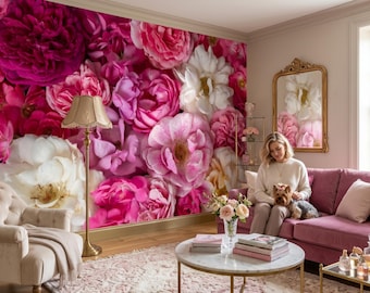 Può includere: Un murale che presenta una disposizione densa di grandi fiori di rosa in tonalità vivaci di rosa, magenta e bianco. Il motivo floreale copre l'intera parete, creando uno sfondo audace e colorato con petali stratificati e fogliame verde.