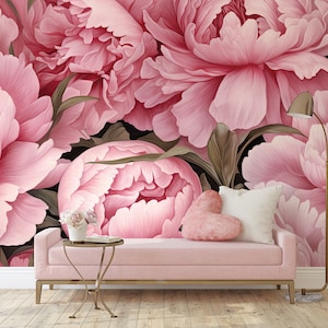 Big Pink Peonies Wall Mural, Pink Floral Wallpaper, Peony Print • Peel and Stick *self adhesive* or Non-Pasted Vinyl Materials •