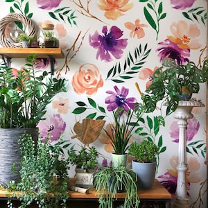 Purple & Orange Watercolor Floral Wallpaper, Green Leaves and Flowers | Self Adhesive | Peel and Stick | Removable