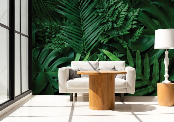 Tropisch-grne Tapete mit Farn, Monstera und Palmenblatt | Selbstklebend |  Abziehen und Aufkleben | Abnehmbar - Etsy.de