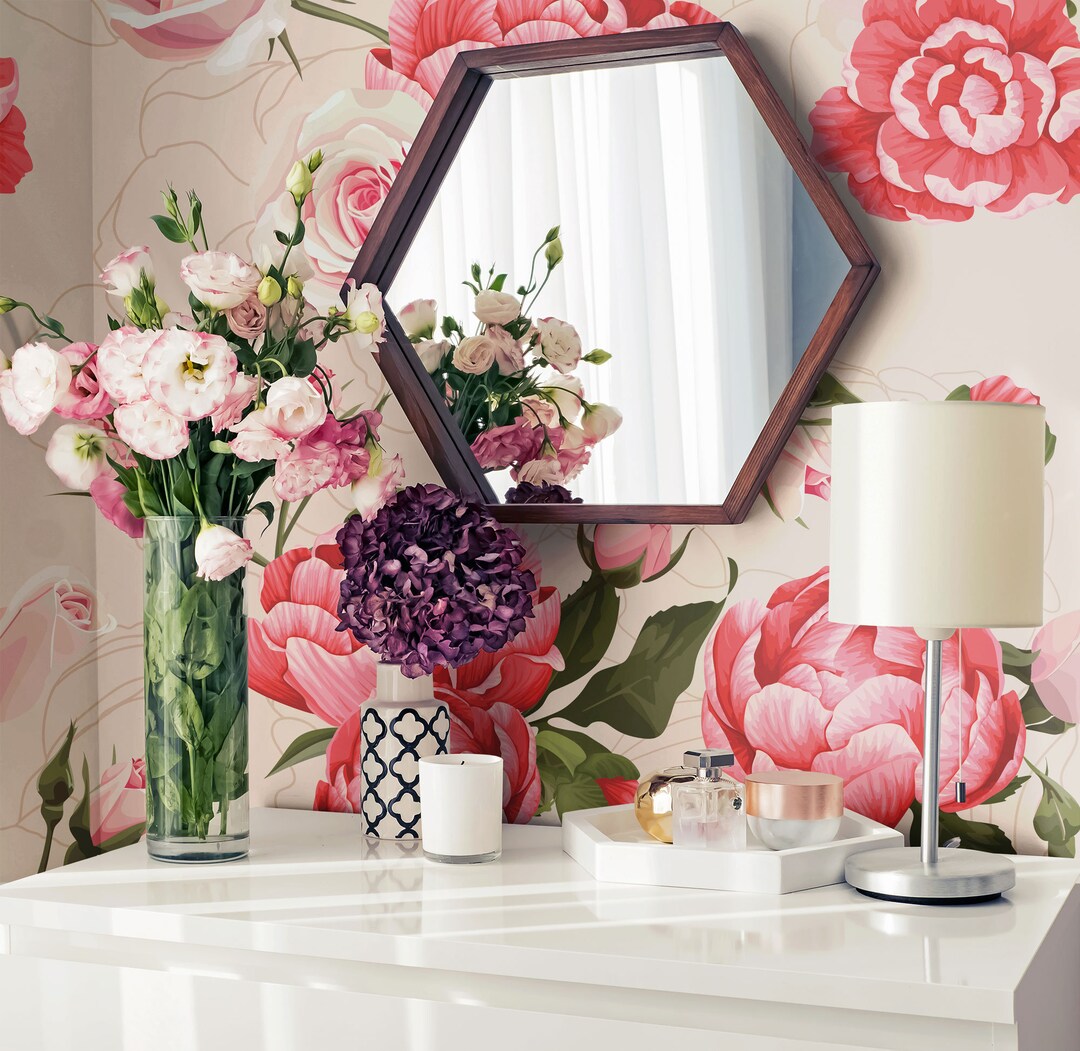 Pink Peony Pattern Wallpaper, Pink Flowers, Beige Floral Wall Mural ...