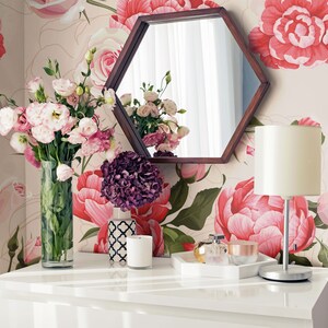 Pink Peony Pattern Wallpaper, Pink Flowers, Beige Floral Wall Mural • Peel and Stick *self adhesive* or Non-Pasted Vinyl Materials •