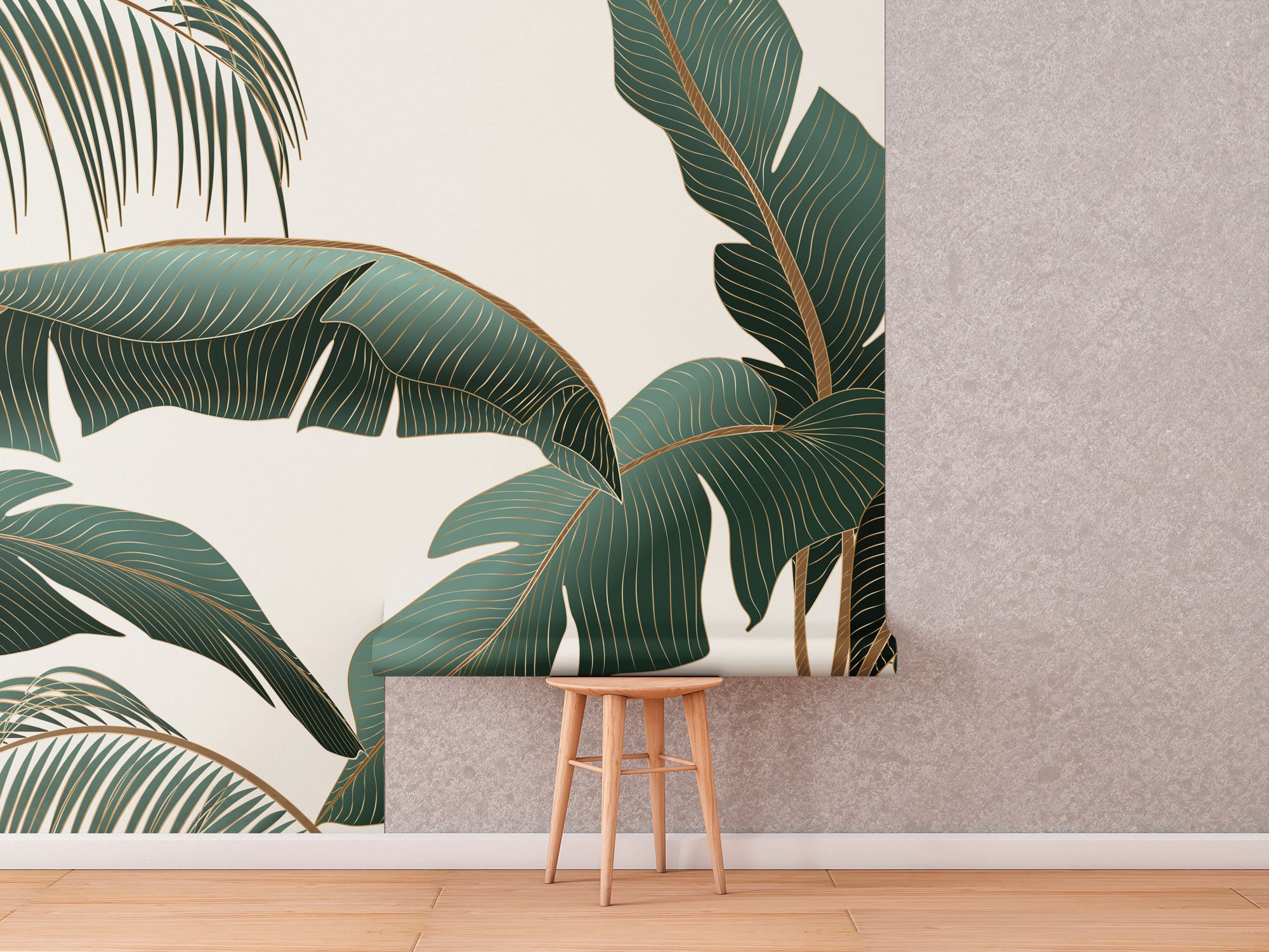 Ivory Art Deco Tropical Wallpaper With Dark Green Banana and Palm ...