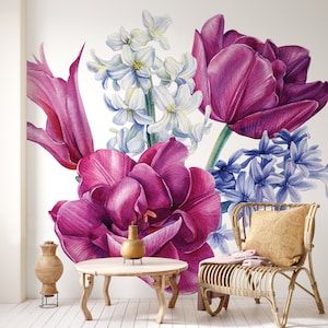 Belle tulipe aquarelle et bouquet de jacinthes Papier peint | Auto-adhésif | Décoller et coller | Amovible